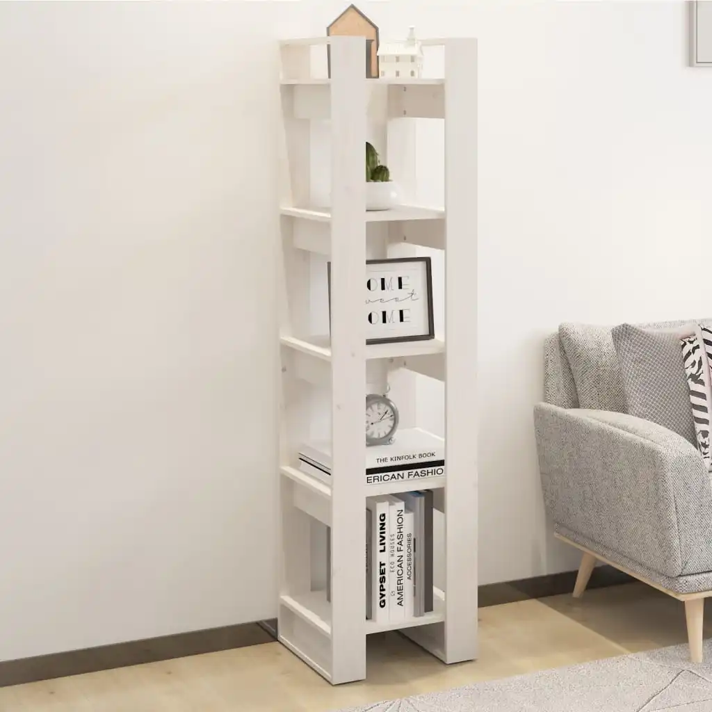 Weißes Bücherregal/Raumteiler, 41 x 35 x 160 cm, freistehendes Bücherregal aus massivem Kiefernholz mit offenen Ablageflächen für Wohnzimmer, Arbeitszimmer, Büro
