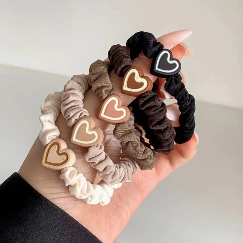 5pcs Love Heart Elastic Hairband Hair Tie Band For Girls Women Rubber Scrunchies Cute Kid Hair Accessories Beaded Hair Rope Rim