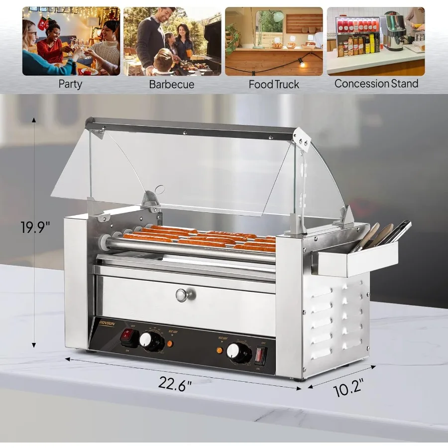 هوت دوج الأسطوانة دفئا ETL معتمد 5 بكرات 12 آلة هوت دوج الأسطوانة شواء طباخ مع كعكة دفئا غطاء مزدوج التحكم في درجة الحرارة LE #3