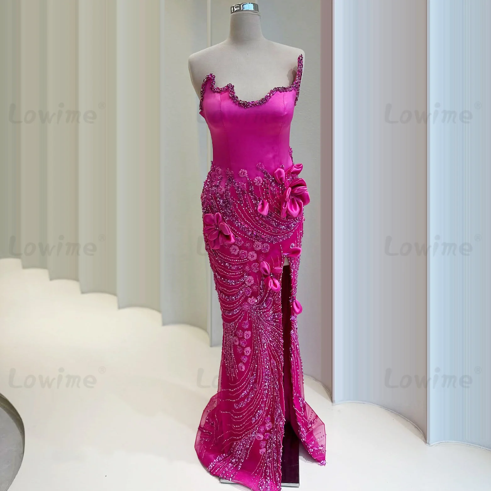 

Hot Pink Strapless Party Dress 2026 Customized Crystals Sequin Satin Evening Gowns Robe De Soiree Handmade Flower Birthday Dress