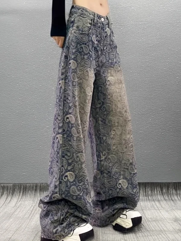 

American Sle High Waist Wide Leg Jeans Women's Faionable Floral Embroidery Design Casual Loose Fit Blue Denim Pants