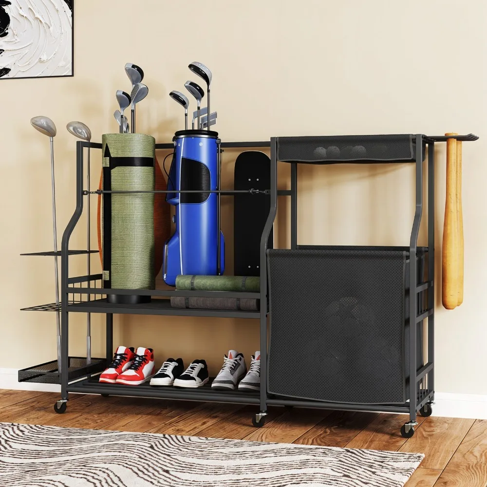 Heavy Duty Steel Rolling Sports Equipment Organizer Rack Garage Golf Bag Storage