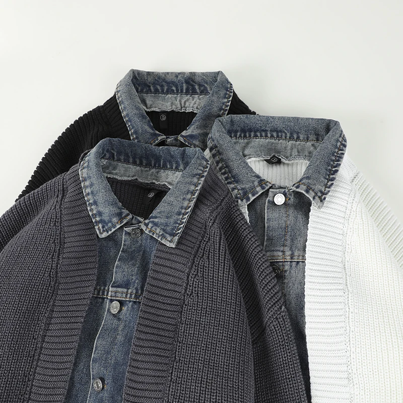 Conjunto de suéter cárdigan de punto informal para hombre, ropa de abrigo a la moda para primavera y otoño, suéter vaquero falso de dos piezas con diseño y2k