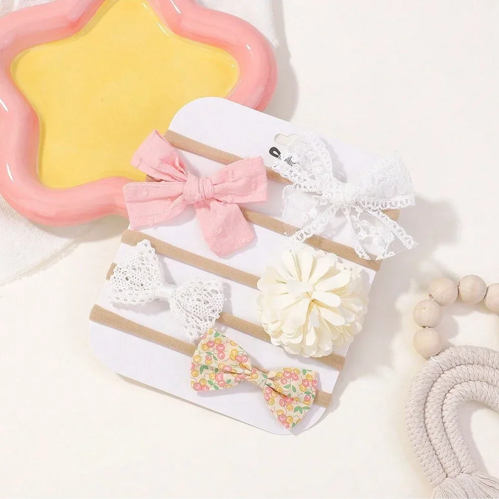 5 pièces/ensemble bébé bandeau élastique nouveau-né fleur dentelle nœud papillon en Nylon bandes de cheveux pour filles infantile enfant en bas âge doux cheveux accessoires cadeau