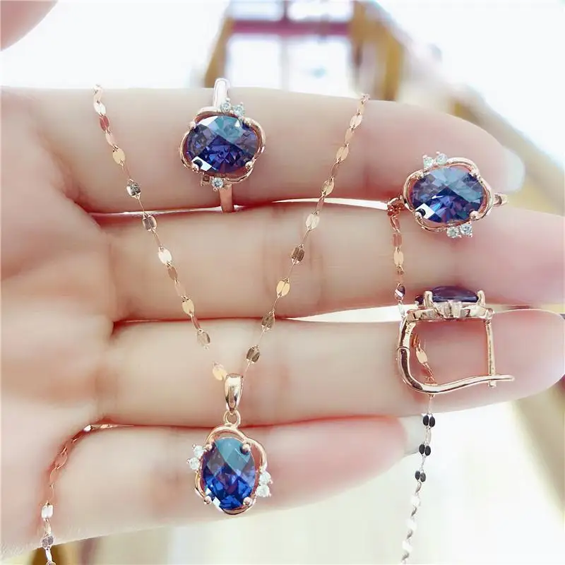 585 Purple Gold Plated 14K Rose Gold Inlaid Crystal Sapphire earrings for women engagement Wedding High Jewelry Set