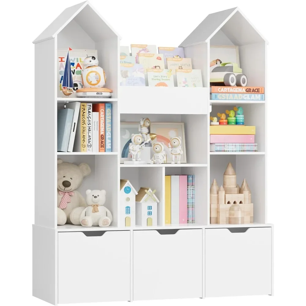 

Toy Storage Organizer with Castle Roof, Large Kids Bookshelf Dollhouse with 3 Movable Drawers and 9 Storage Cubbies, (White)