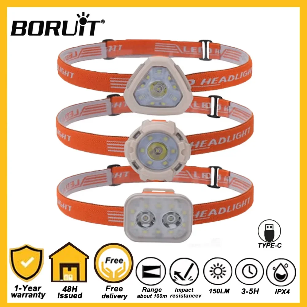 BORUiT LED Cap Clip Headlamp USB C Rechargeable Portable Head Light Mini Waterproof Head Flashlight for Outdoor Camping Fishing