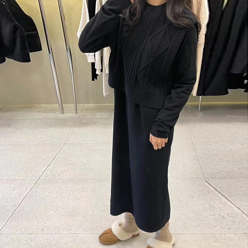 

Chic Autumn Winter Casual Long Knitted Dr Two Piece Set Women's Svel Vest Top Casual Loose Fit Faionable