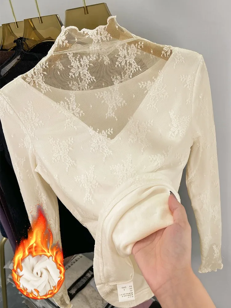 

Женская кружевная базовая кофта с высоким воротником, на флисовой подкладке, корейский стиль, прямой крой, длинный рукав, цветная
