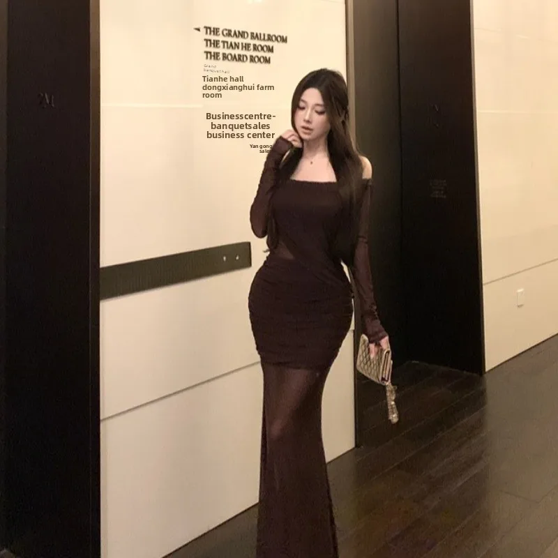 Oulder Bared Long Sve Bodycon Dr with Me Trim cintura ceñida Otoño Invierno nueva versión coreana Sle Falda larga Dr