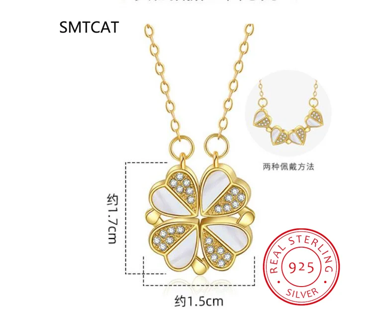 Trendy Magnetic Sterling Silver 925 Zircon Heart Four-leaf Clover Pendant Necklace Women Summer Fine Jewelry Birthday Gift