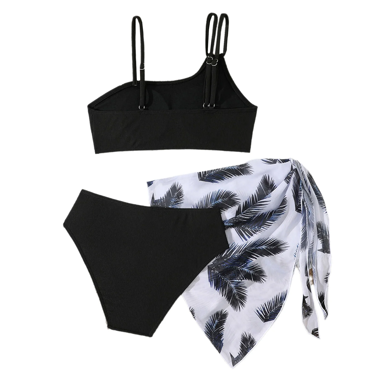 Kids Girls Swimsuit 3 Piece Bathing Suits Bikini Set Adjustable Straps Top and Matched Briefs with Side Tie-Up Printed Cover Up