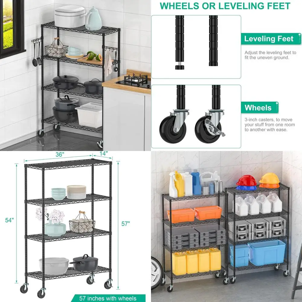 Prateleira de armazenamento de metal ajustável de 4 camadas com rodas, preta, 14D x 36W x 57H para cozinha, garagem, despensa, escritório