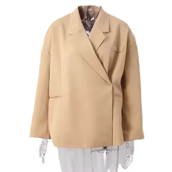 Loose Elegant Grey Asymmetric Blazer Women Lapel Long Sleeve Split Suit Jackets 2025 Autumn Winter Lady Fashion Outwear Street