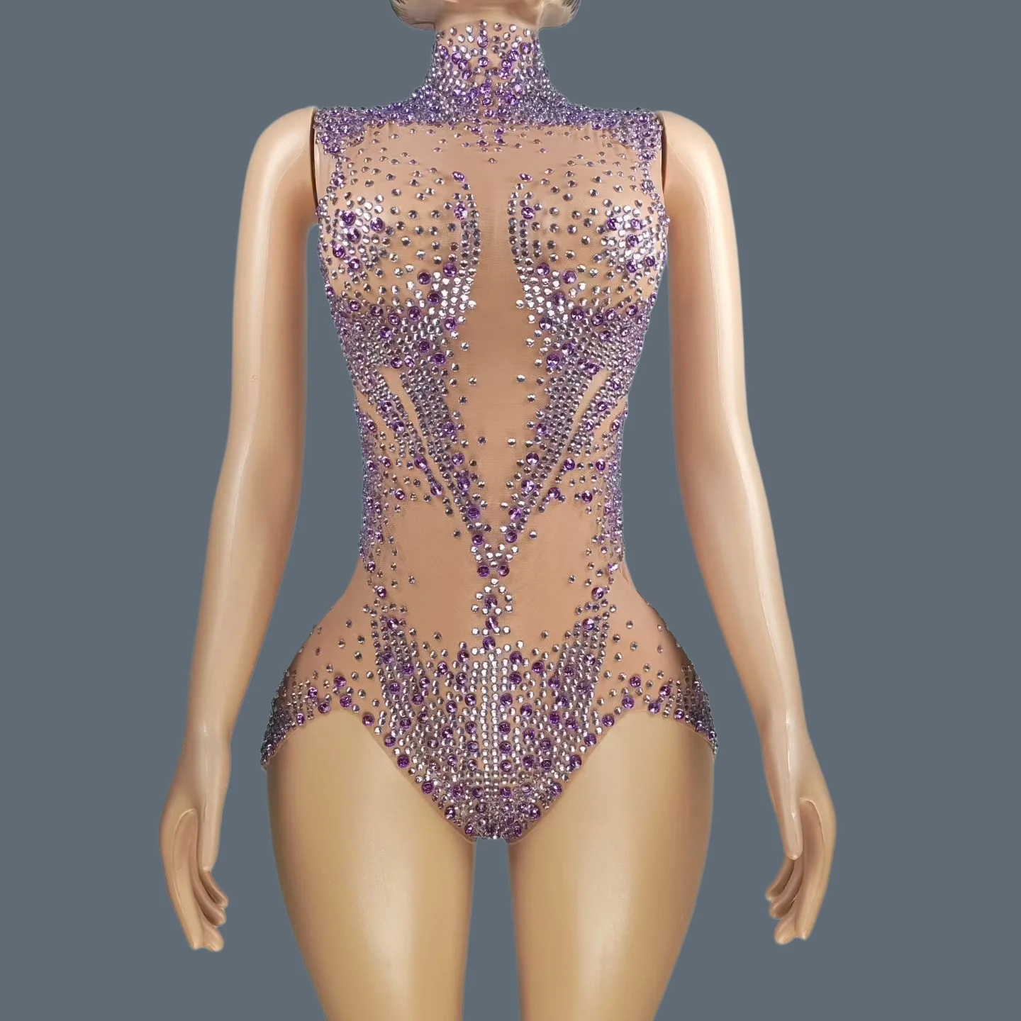 

Sparkly Rhinestones See Through Mesh Bodysuit Sexy Club Stage DanceShow Outfit Fashion High Cut Thong One Piece Leotard Menglong