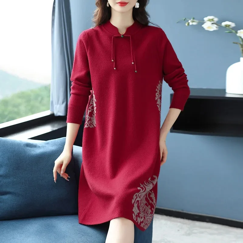 Jesienno-zimowa sukienka swetrowa z kołnierzykiem cheongsam, damska, dzianinowa, długa, luźna, elegancka sukienka dzianinowa, sukienki damskie, vestidos