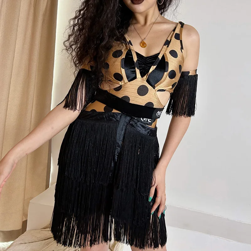

New Latin Dance Skirt Female Adult Sexy Black Fringe Skirt Performance Dress Women‘s Professional Training Dance Dresses VBH13