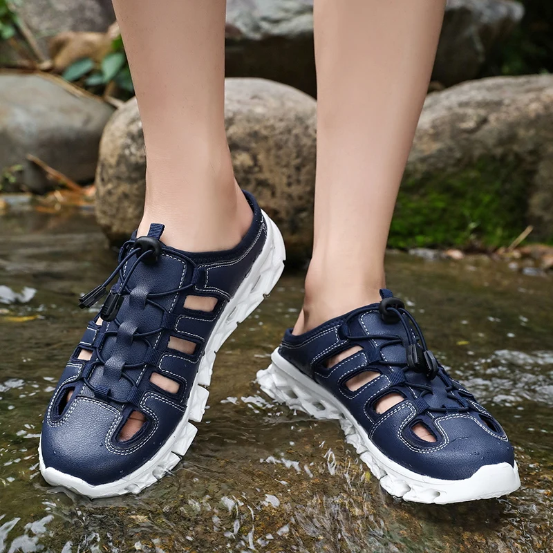 STRONGSHEN Men's Slippers Outdoor Breathable Hollow Out Water Shoe Thick Sole Outer Wear Casual Shoes Non-Slip Sports Flip Flops
