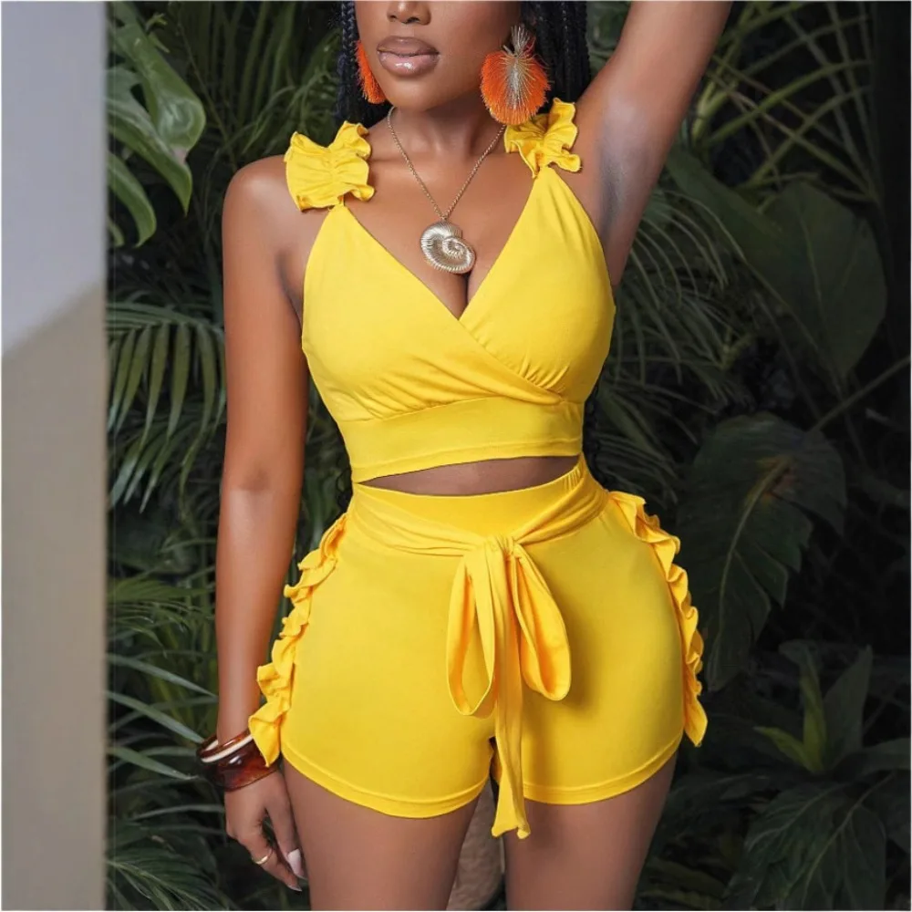 

Spring Summer Fashion Solid Color Two Piece Set Women Sexy V-neck Sleeveless Suspender Short Top Shorts Casual Two Piece Set
