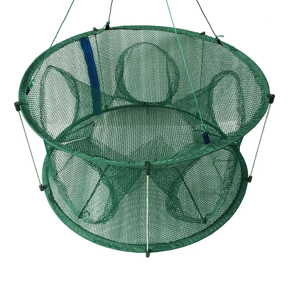 

50Cm Automatic Foldable Fishing Net Trap Mesh Landing Net with 5 Entry Holes Flat Elastic Steel Wire Support Rods for Crabs