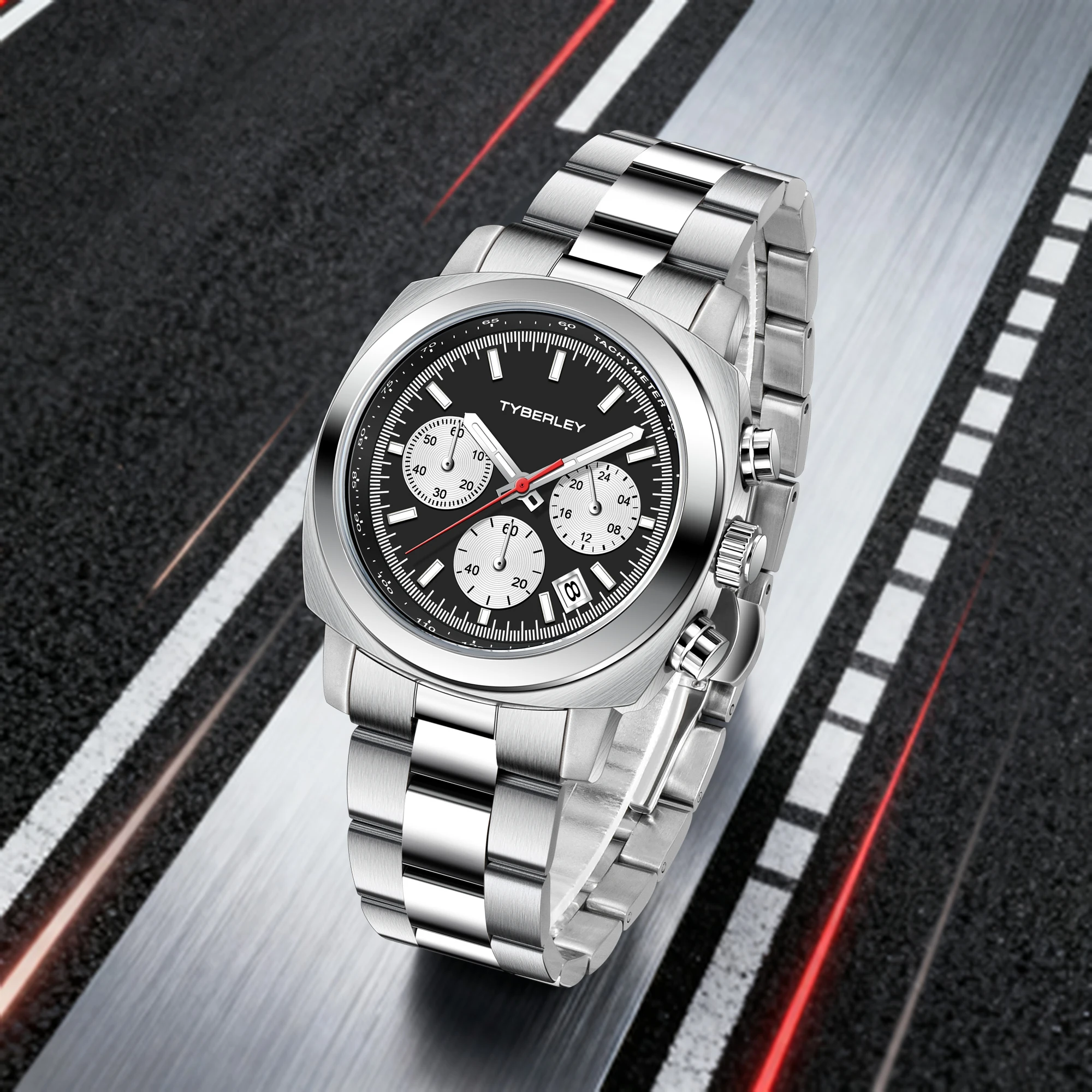 TYBERLEY Men Light Luxury Quartz Watch Workplace All-Match Stainless Steel Strap Tachymeter Luminous Waterproof Chronograph 2026