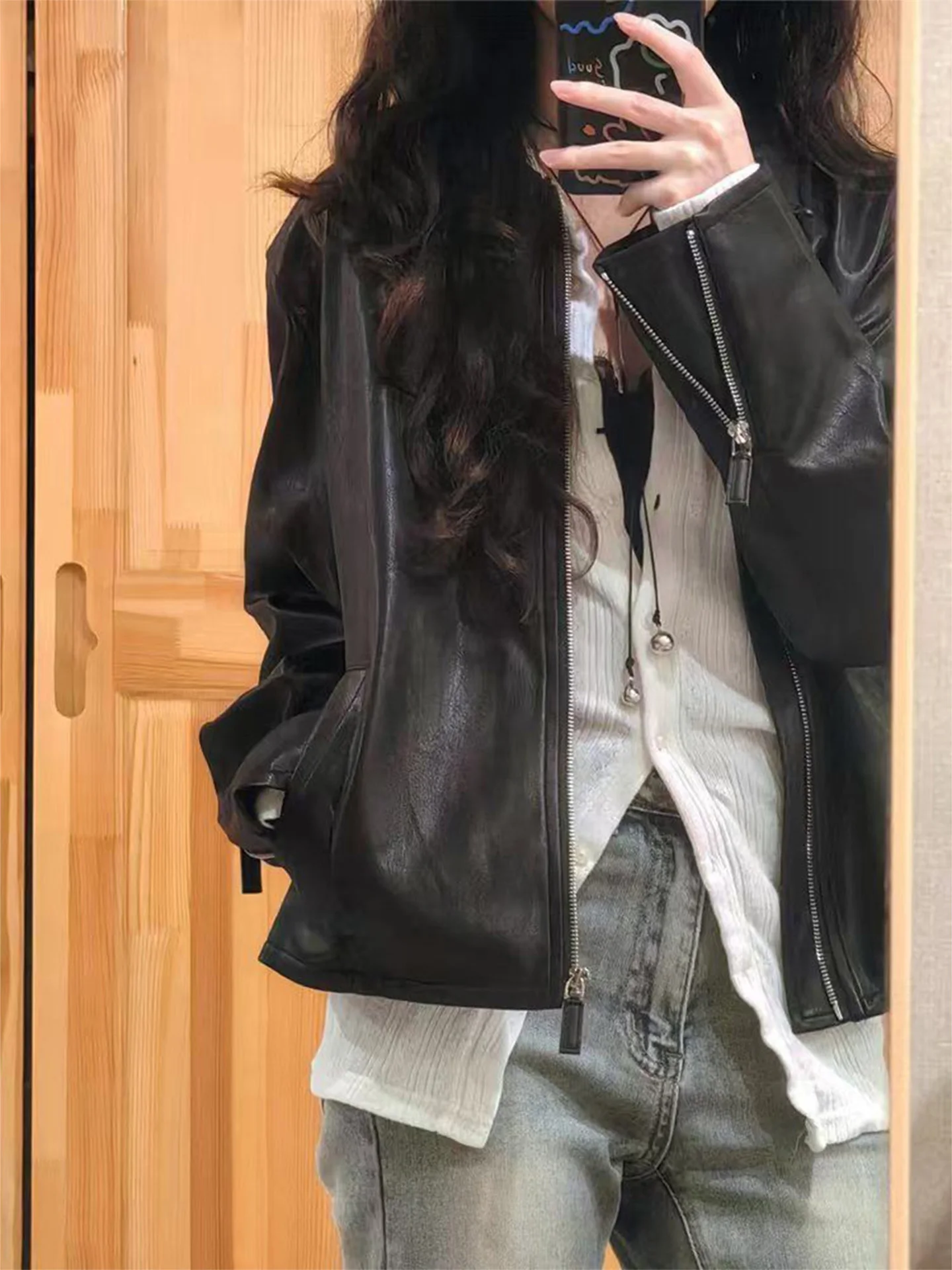 Retro Sle Women's Bla Leather Jaet ort Zipper Casual Top Korean Faion Windproof Long Sve Stand Fit ort Coat