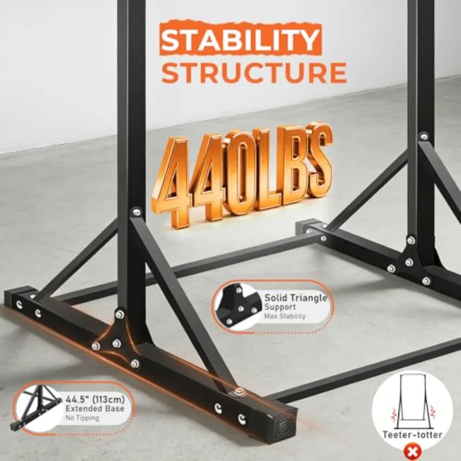 Home gym pull up bar station: steel black 440LBS capacity adjustable height 4.2ft-7ft zero-wobble triangular base for strength