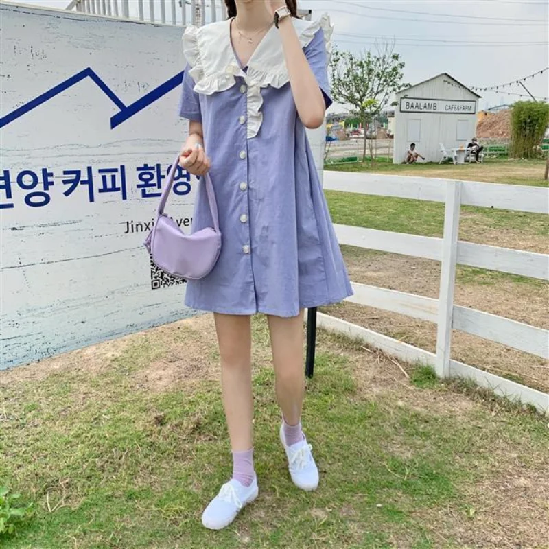 Sweet Contrast Patchwork Mini Dress Summer New Short Sleeve Solid Color Loose Button Elegant Dress Fashion Trend Women Clothing