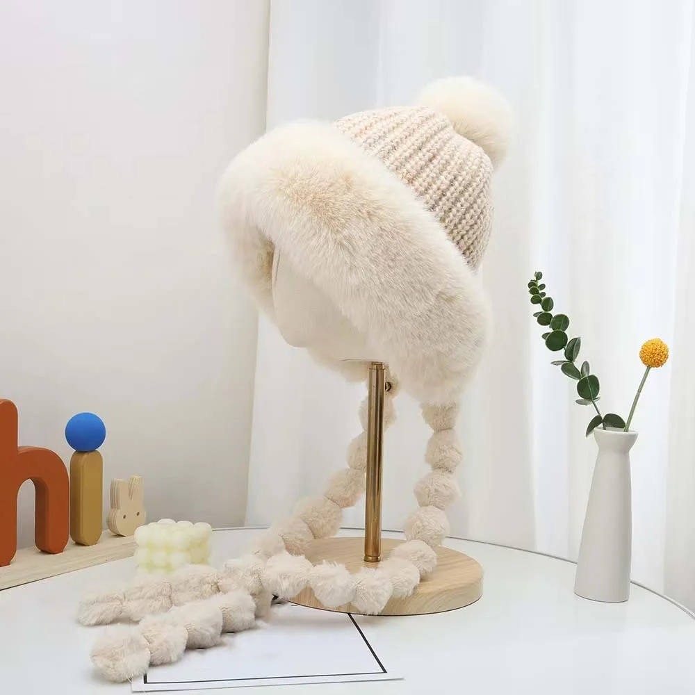 Fleece Lined Pompom Braids Hat Fur Brim Soft Yarn Fleece Knit Beanie Windproof Striped Knit Earflap Winter Cap Commute