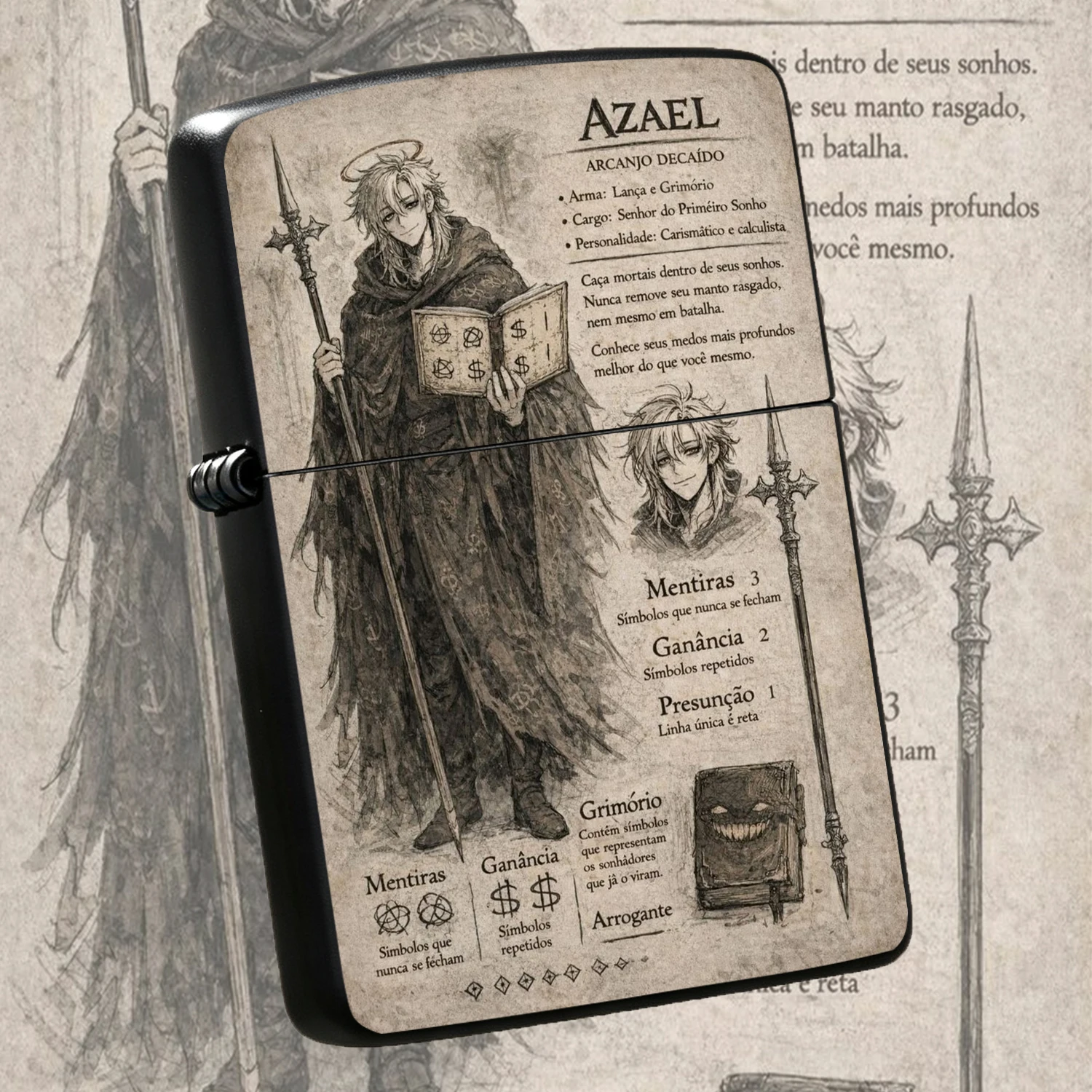 Vintage Distressed Azael Fallen Archangel Themed Retro Grimoire Spear Pattern Creative Character Art Collectible Windproof Portable Durable Unique Gift For Fantasy Game Fans Daily Use A Fun And Humorous Lighter