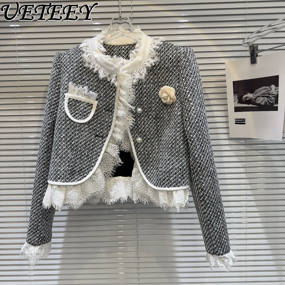 

2024 Spring New Three-Dimensional Flower Pin Lace Edge Tweed Jacket Female Temperament Socialite Woolen Coat Women Short Coats