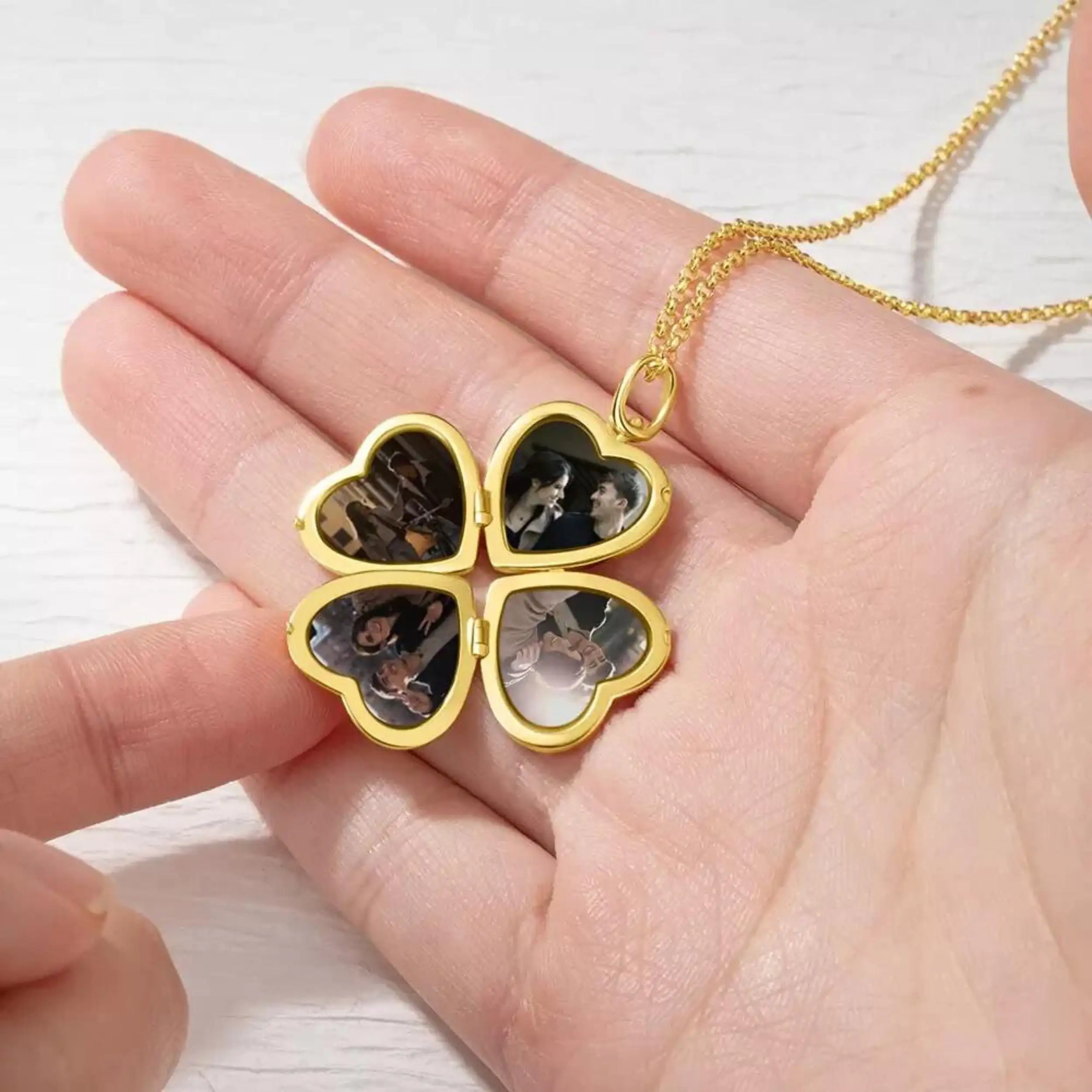 

Custom Photo Locket Necklace Personalized 4 Picture Engraved Name Heart Clover Pendant Memorial Gift for Mom Grandma Jewelry