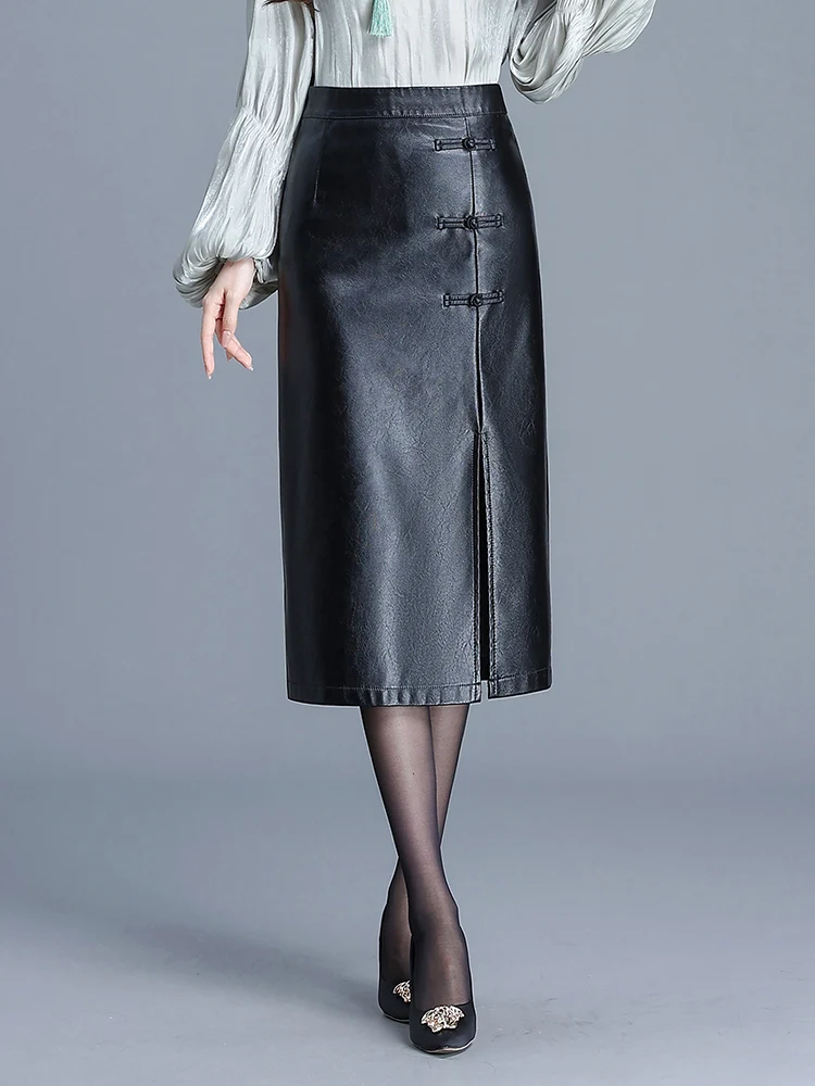 

Женские облегающие юбки из искусственной кожи, осенне-зимняя женская высококачественная прямая юбка из искусственной кожи с разрезом в стиле ретро, модная юбка