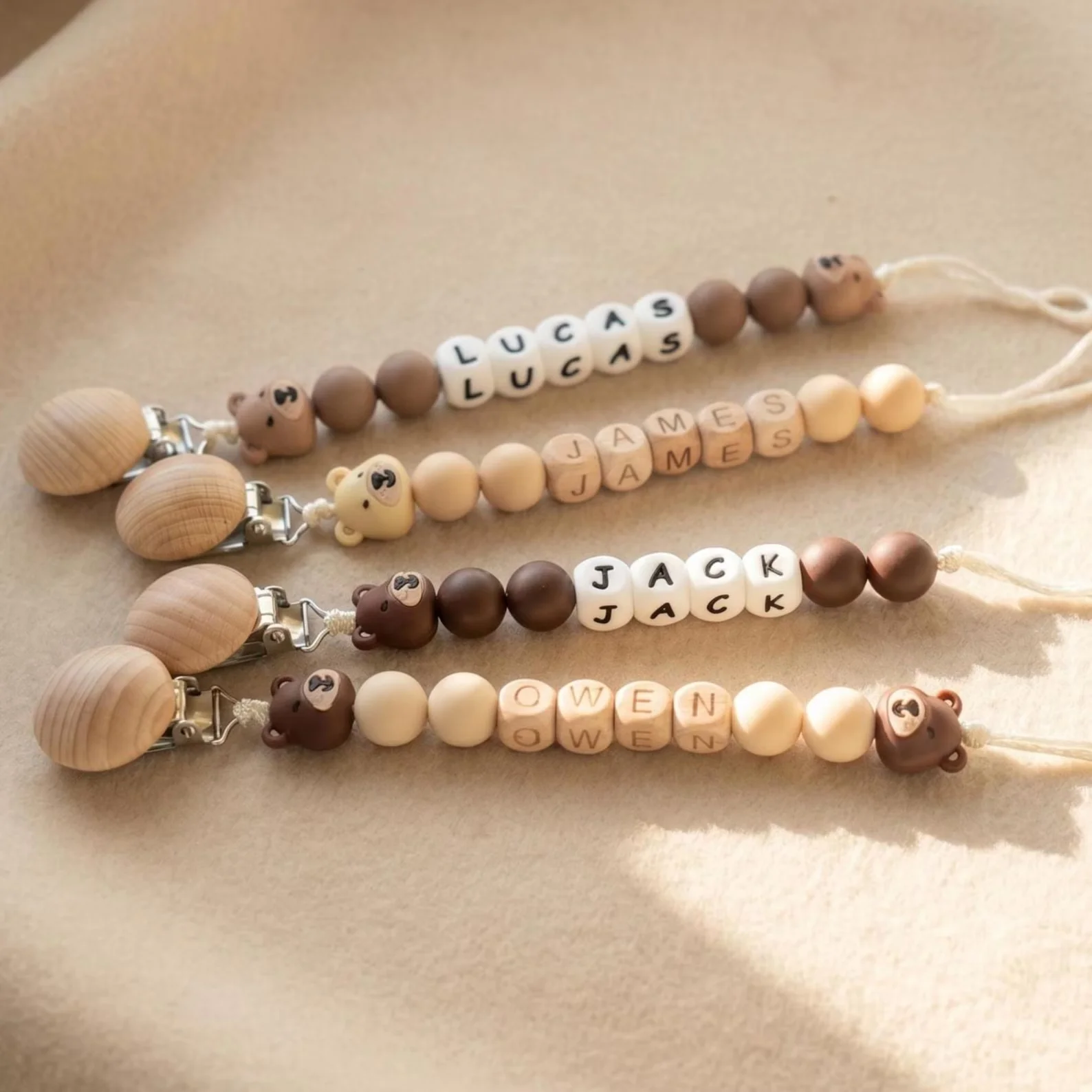 Boho Bear Custom Name Pacifier Clip Wooden Teething Beads Baby Dummy Holder