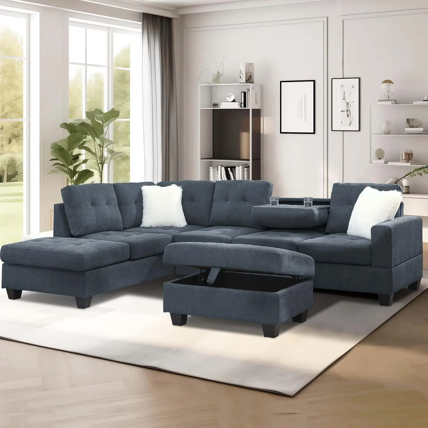 

107" Large Sectional Couches for Living Room, 6 Seater L Shaped Sofa, Storage Ottoman and 2 Cup Holders, Suitable for Apartment