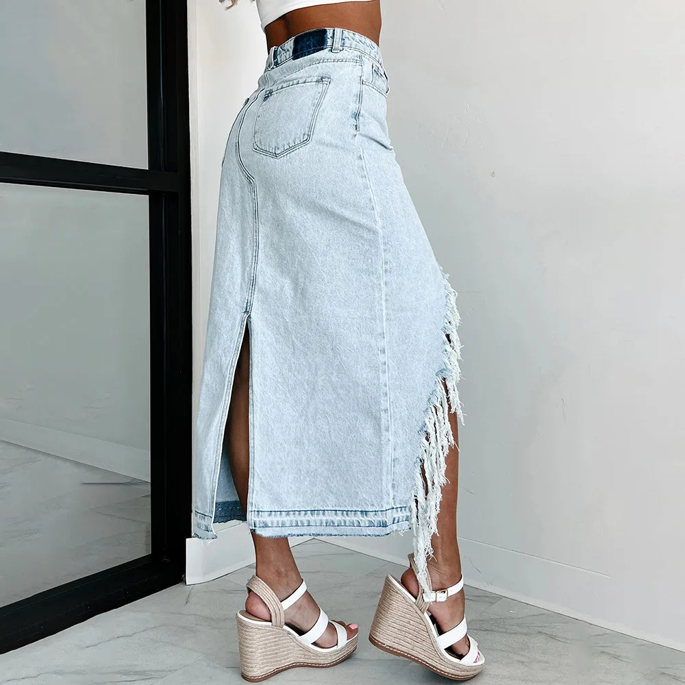 Distressed Ripped Denim Skirts Holes Skirt Solid Zipper Fly High Waist Vestidos Washed Slim Pockets Sexy Wrap Buttocks