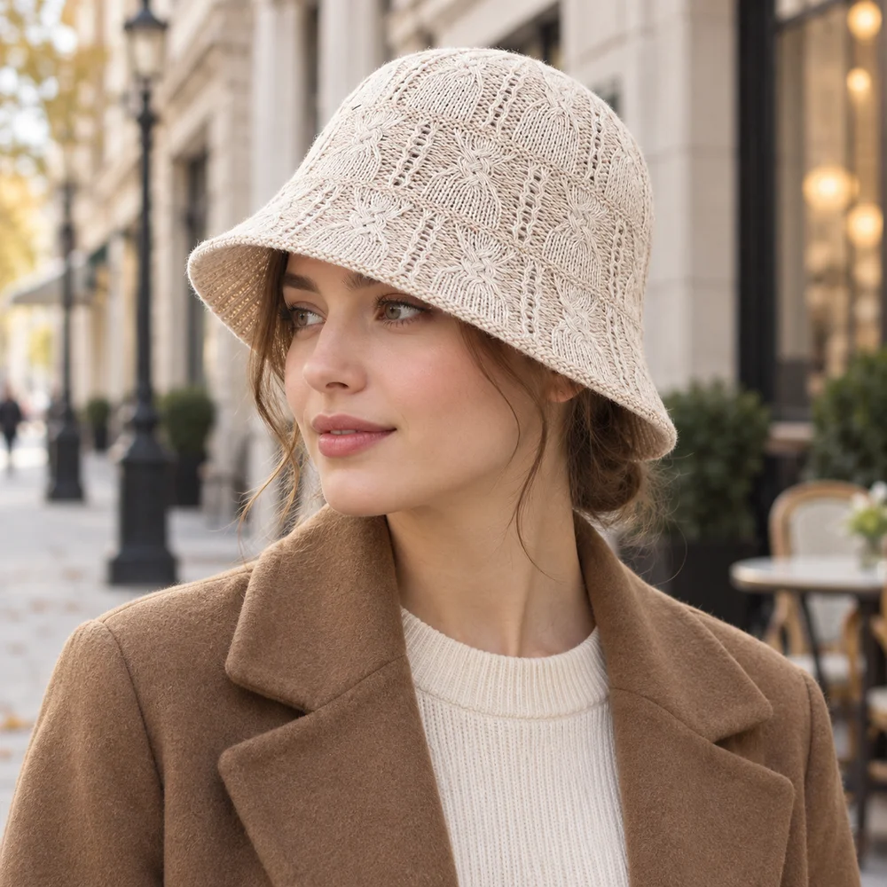 Women Leaf Pattern Knitted Bucket Hat Openwork Short Brim Cloche Cap Soft Casual Autumn Winter Fashion Headwear