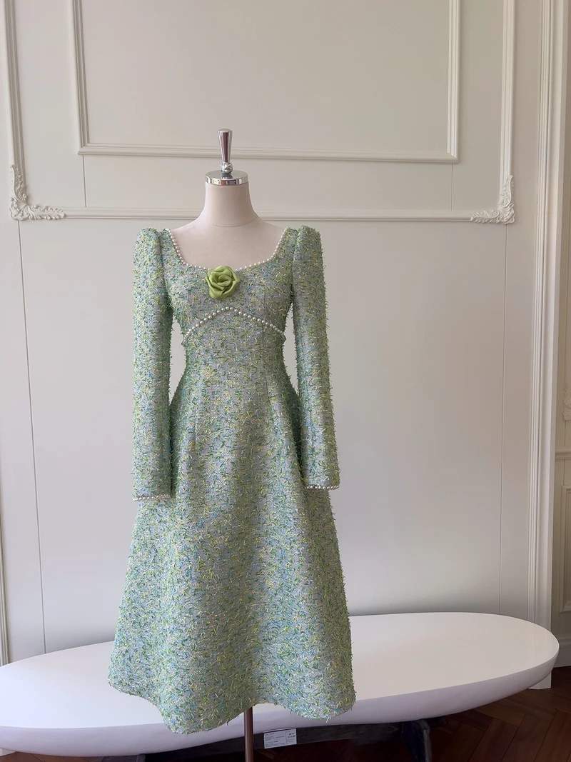 الرجعية الفاخرة اللؤلؤ تويد ساحة طوق Bal 3D زهرة الخصر cinched الراقية مساء الدكتور الكورية Sle سستة تنورة