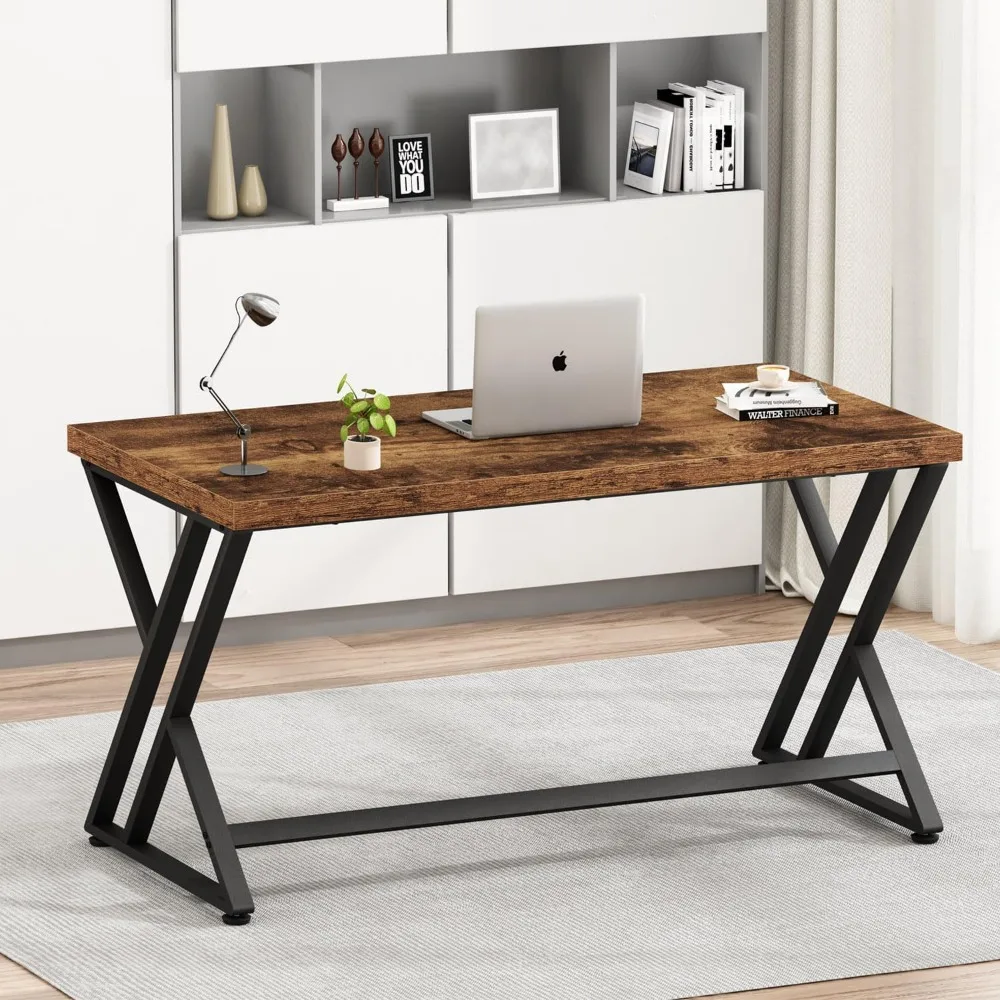 Rustic Computer Desk, Metal Wood Home Office Desk, Industrial Simple Study Executive Desk for Writing Work