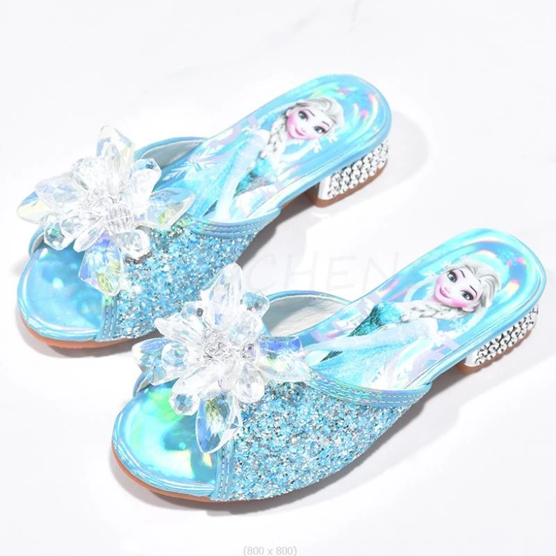 Sequined Princesse Children Girls Summer Sandals Slipper Frozen Elsa High Heel Party Dress Shoes Leather Slipper For Kids Slides