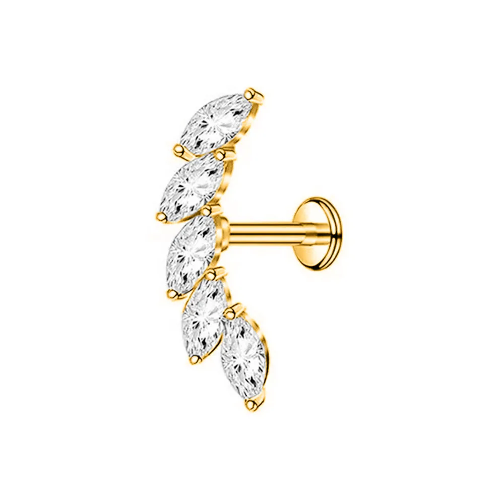 ASTM F136 G23 Titanium Flower Petals Threadless Labret Piercing CZ Pin Push in Lip Stud Conch Daith Earring 16G 18G 20G