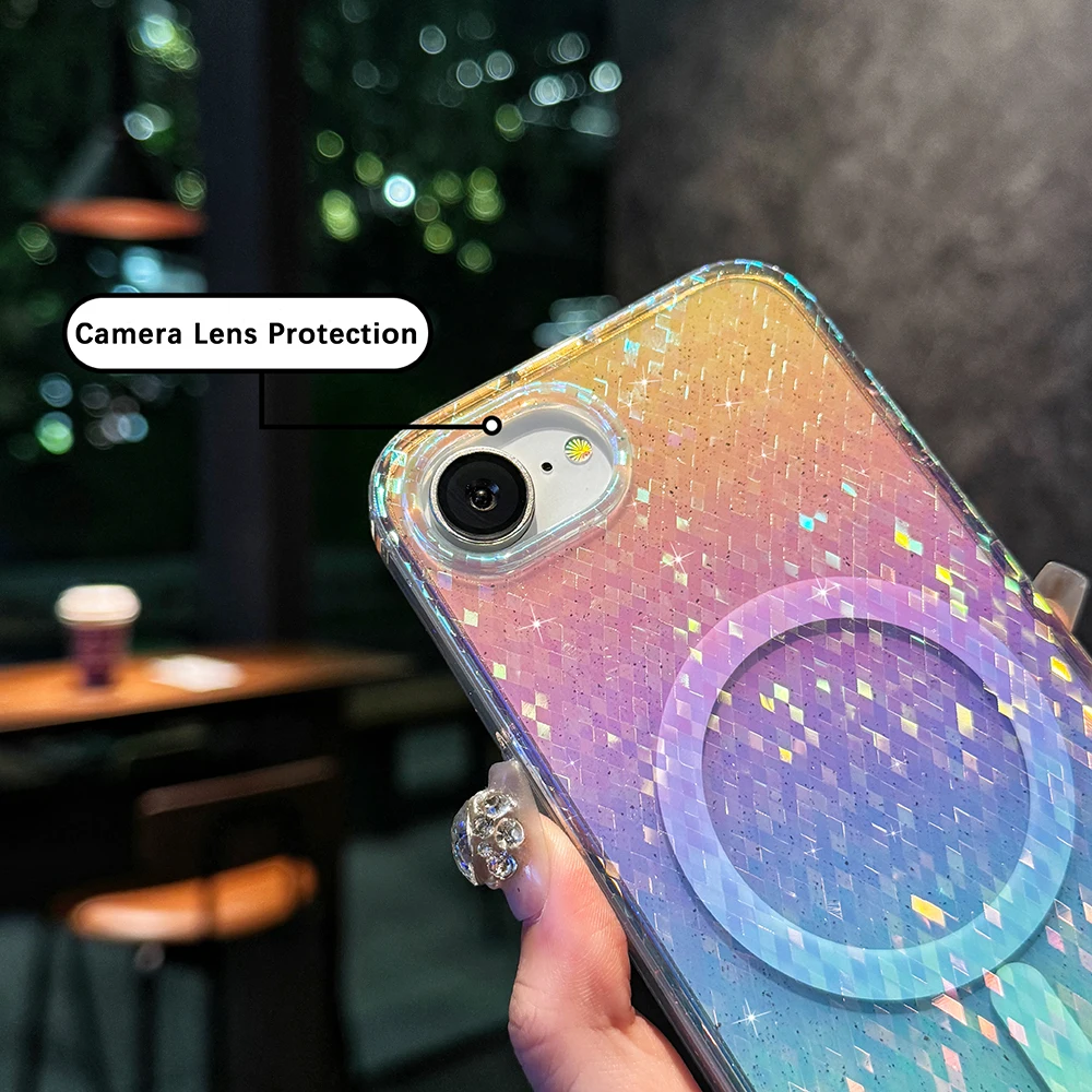 قوس قزح التدرج بريق بلينغ شبكة نمط الحال بالنسبة آيفون 16E 16 15 14 زائد 13 12 11 برو ماكس الملونة واضح غطاء مقاوم للصدمات