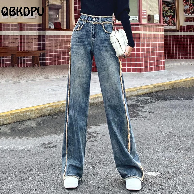 Vintage Tassel Design Wide Leg Jeans Women Streetwear High Waist Denim Trousers Patchwork Baggy Pants Korean Straight Vaqueros