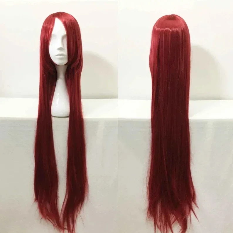 Women Red Extra Long Straight Layer Side Swept Bangs Cosplay Anime Synthetic Wig