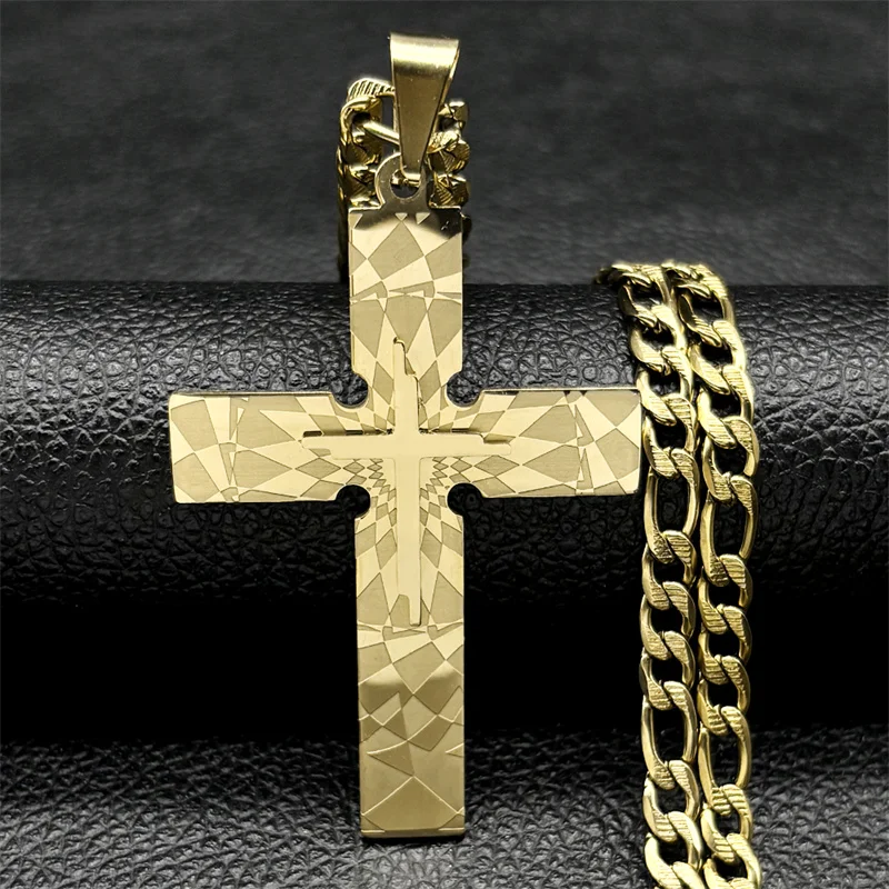 Punk Big Jesus Cross Necklace for Men Women Stainless Steel Gold Silver Color Figaro Chain Biker Jewelry Boy Friend Gift Jewelry image 4