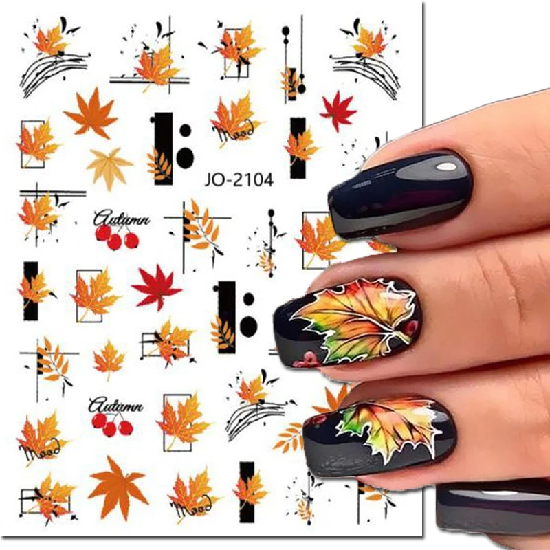 Nail Art Decals Autumn Geometric Lines Maples Leafs Back Glue Nail Stickers Decoration For Nail Tips Beauty