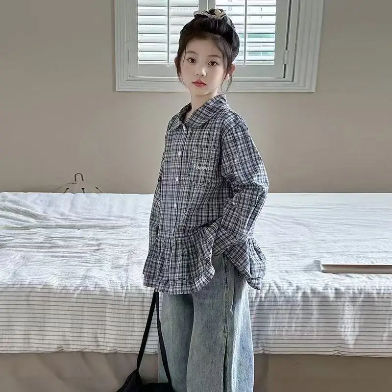 4-15 سنة الربيع والخريف الفتيات موضة منقوشة قميص 2026 النسخة الكورية الجديدة للأطفال عادية فضفاض كم طويل 110-170 سنتيمتر