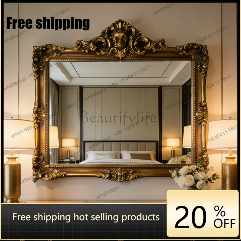 French retro special-shaped bathroom mirror European wall-mounted court style carved fireplace decorative mirror