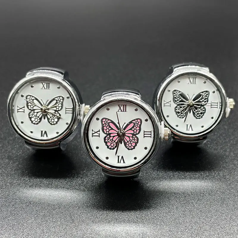 

Fashion Real Watch Rings for Men Women Vintage Stainless Steel Colorful Butterfly Pattern Dial Punk Jewelry Battery Mini Clock