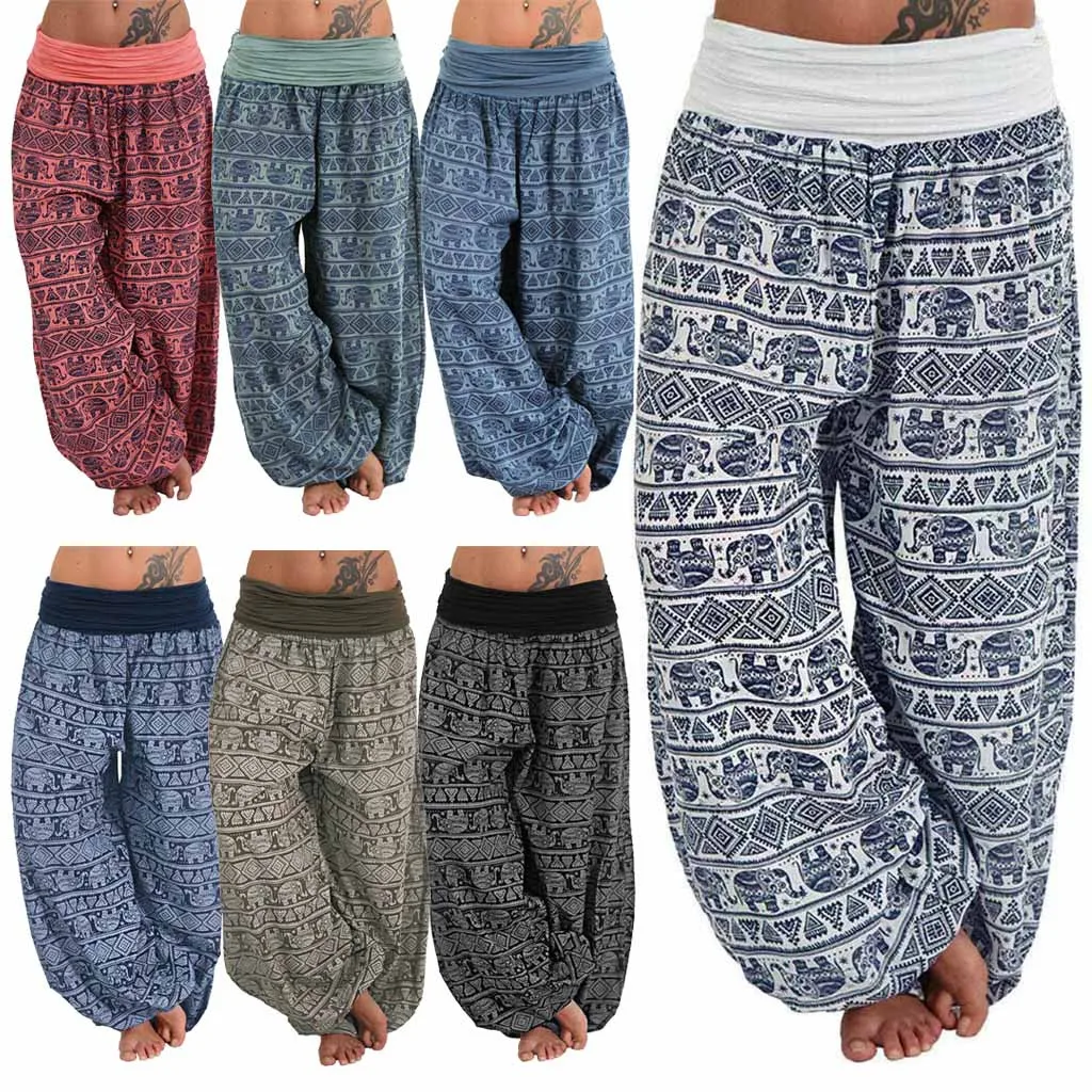 2023 Women Summer Casual Elephant Print Harem Pants Vintage Loose Elastic Low Waist Comfortable Trousers Sport Wide Leg Pants